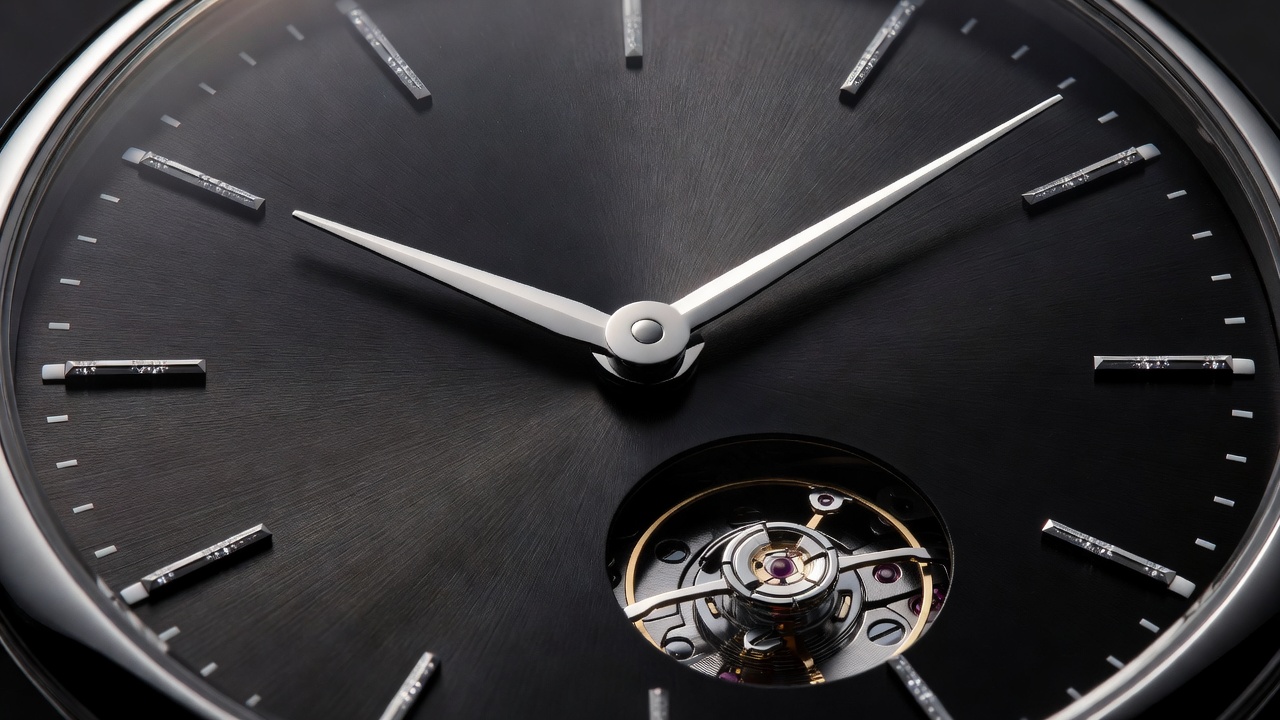 Close up of a luxury mechanical watch dial showing precision hands and indices