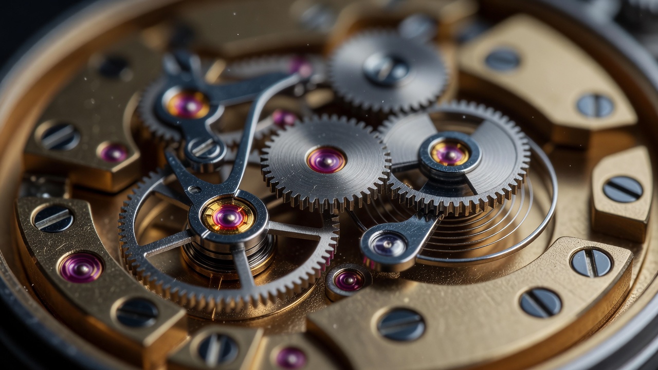 Macro photography of mechanical watch movement gears and jewels