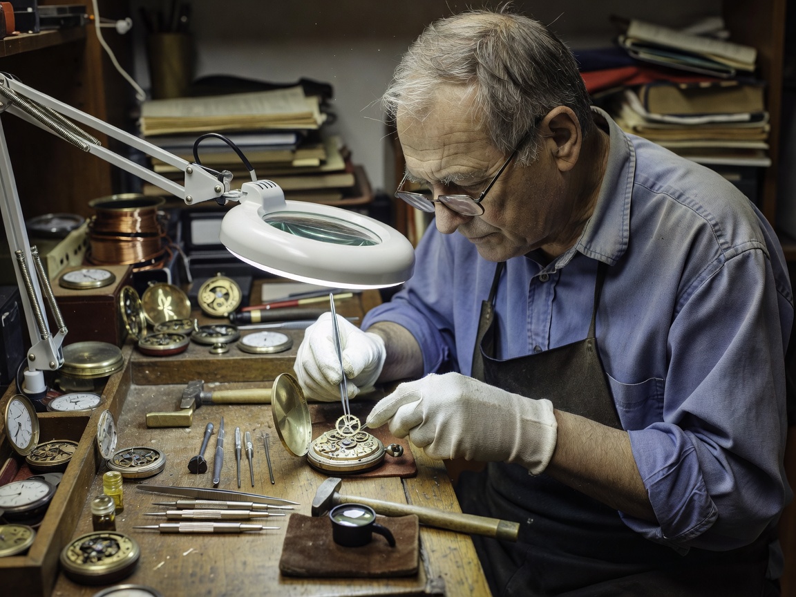 Watchmaker working delicately with precision tools